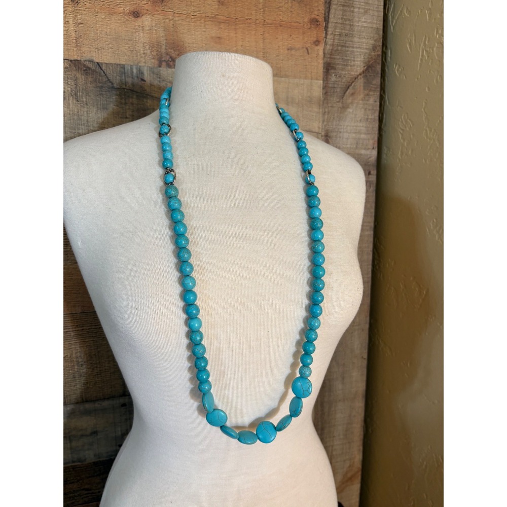 Long Turquoise Bead Necklace Silver Tone Ornate Oval Spacers Boho Southwestern